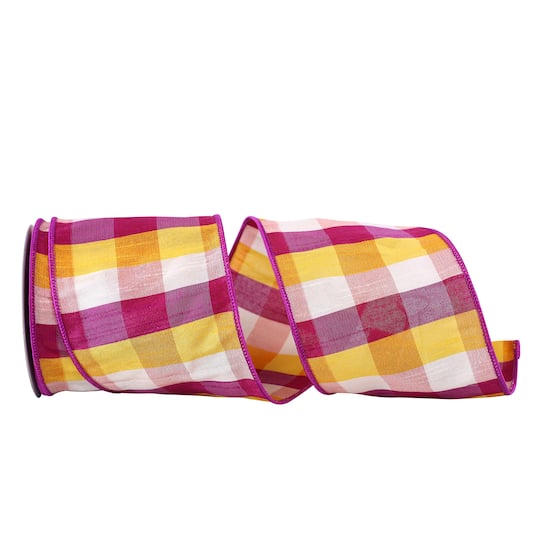 JAM Paper 4" x 10yd. Pink & Yellow Afternoon Plaid Dupioni Wired Ribbon